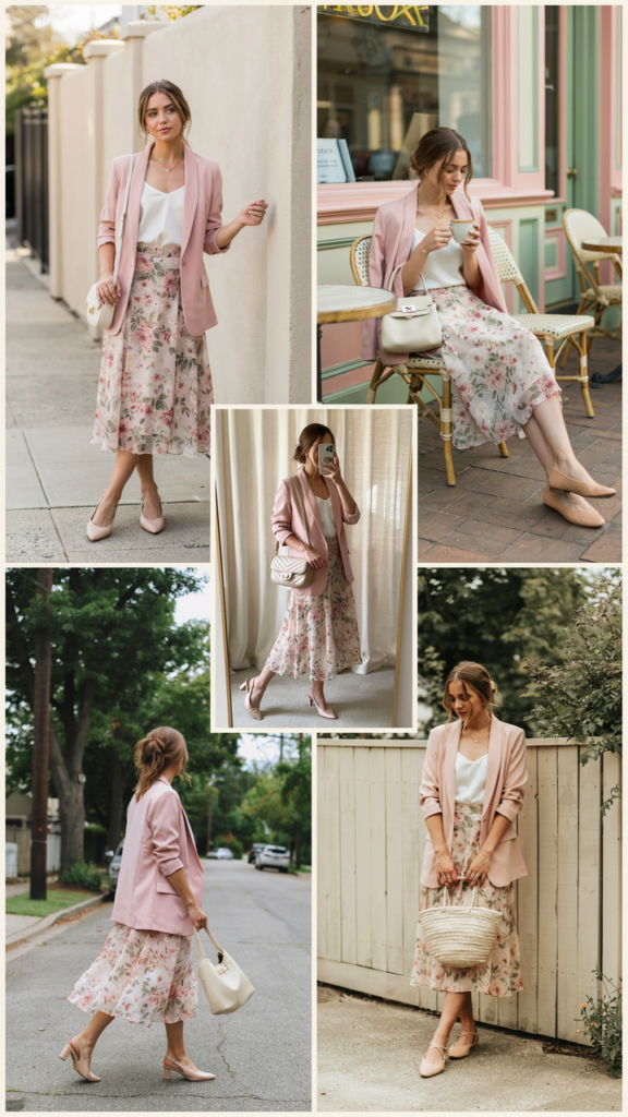Pink Blazer with Floral Skirt