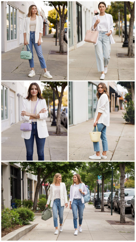 White Blazer, Blue Jeans, and Sneakers