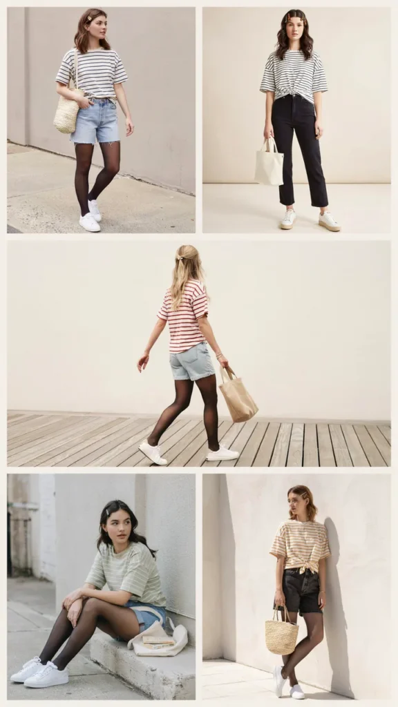 Striped T-Shirt with Jean Shorts and Tights