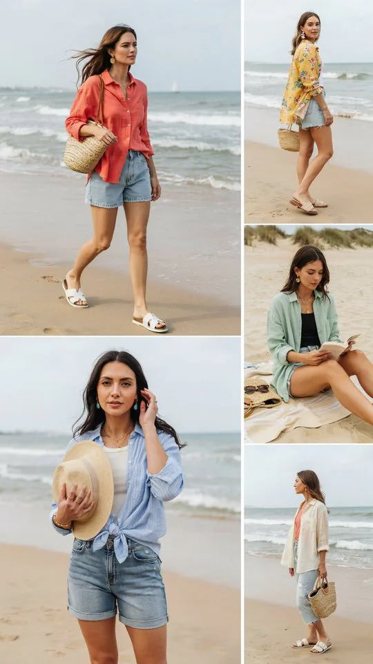 Colorful Button-Down with Denim Shorts