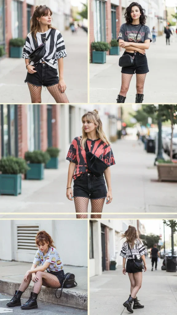 Graphic Tee with Jean Shorts and Fishnet Tights