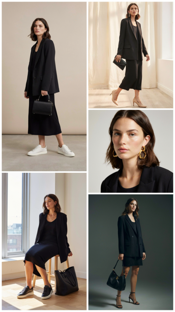 Black Blazer with a Simple Black Dress