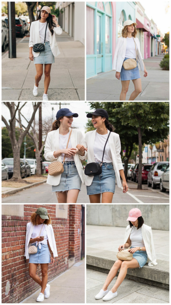 White Blazer with Denim Mini Skirt