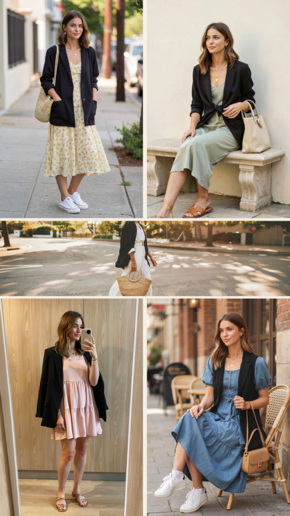 Black Blazer with a Casual Summer Dress
