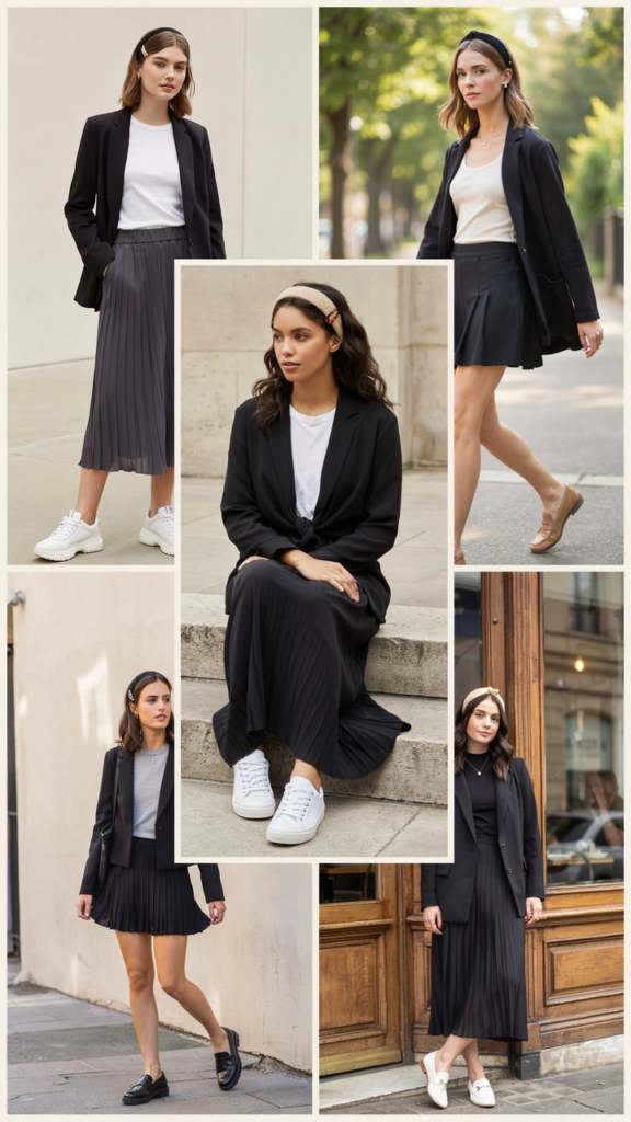 Black Blazer with a Pleated Skirt and T-Shirt