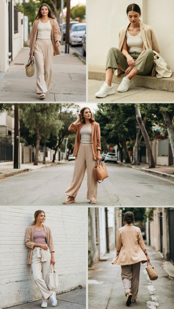 Ribbed Tank with Wide-Leg Pants and Tan Blazer